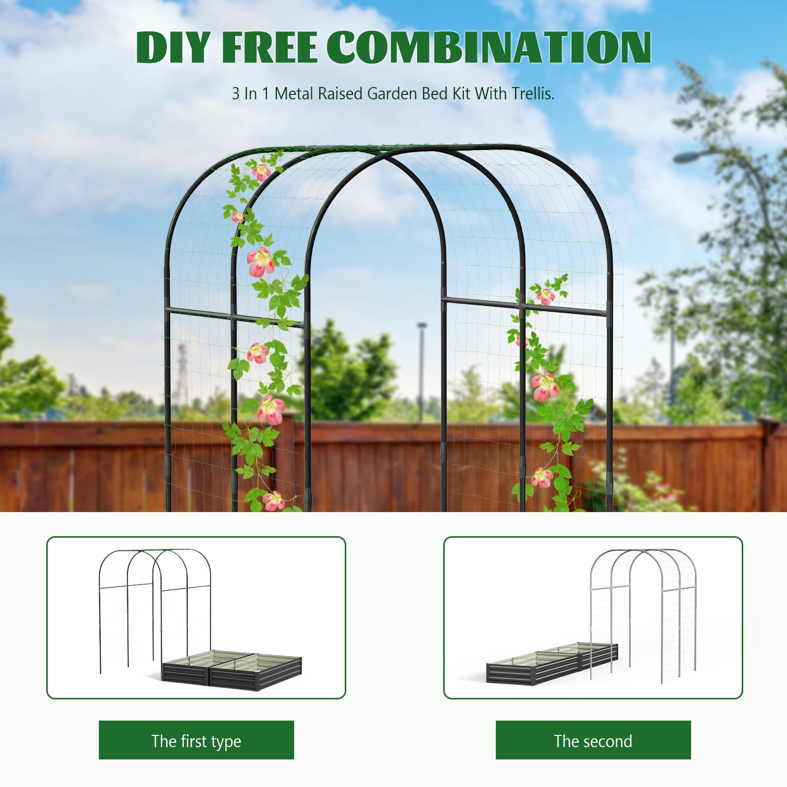 ABORON 3 in 1 Galvanized Raised Garden Bed with 85in Tall Arch Trellis for Climbing Vine Herbs Vegetables Flowers, Metal Raised Garden Bed Kit with Trellis, Plant Ties, Climbing Supporting Netting