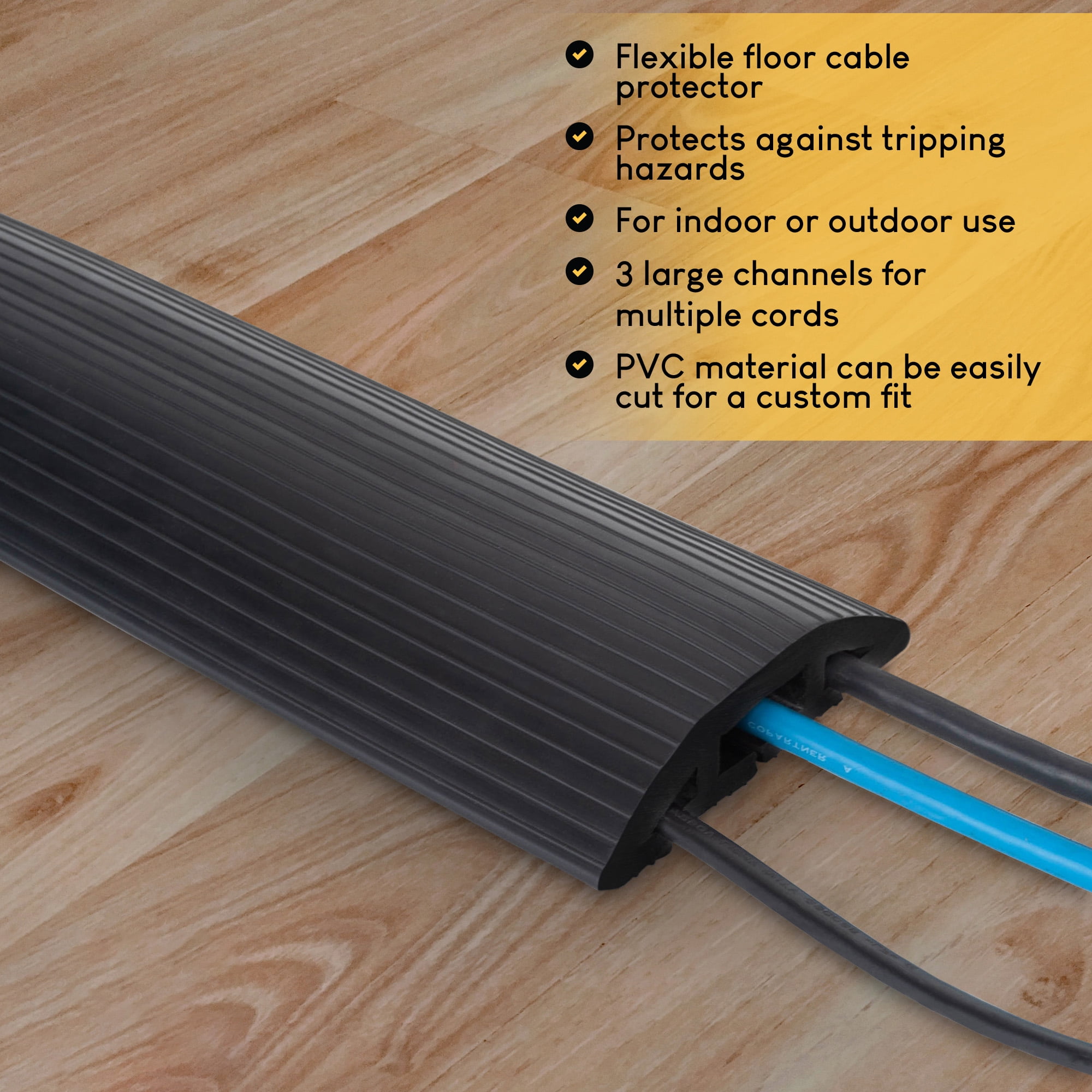 Floor Cord Protector 6.5 FT Black PVC Heavy Duty 3 Channel Raceway to Cover  and Conceal