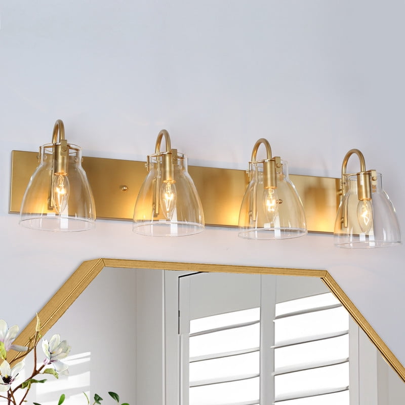 LNC 4-Light Gold Cylinder Clear Glass Shade Modern Bathroom Vanity Lighting Fixutre