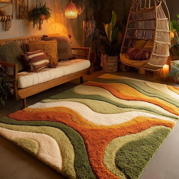 Hand-Tufted Wavy Abstract Wool Rug in Terracotta Orange Forest Green and Sage 2x2 ft for Living Room and Bedroom