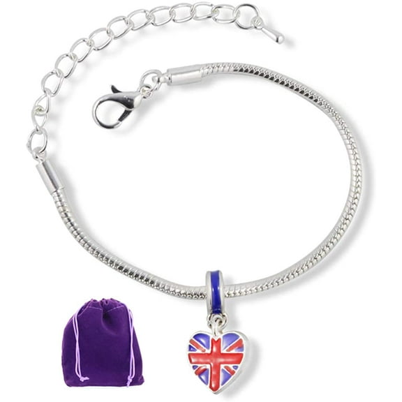 British Flag on Heart Snake Chain Charm Bracelet