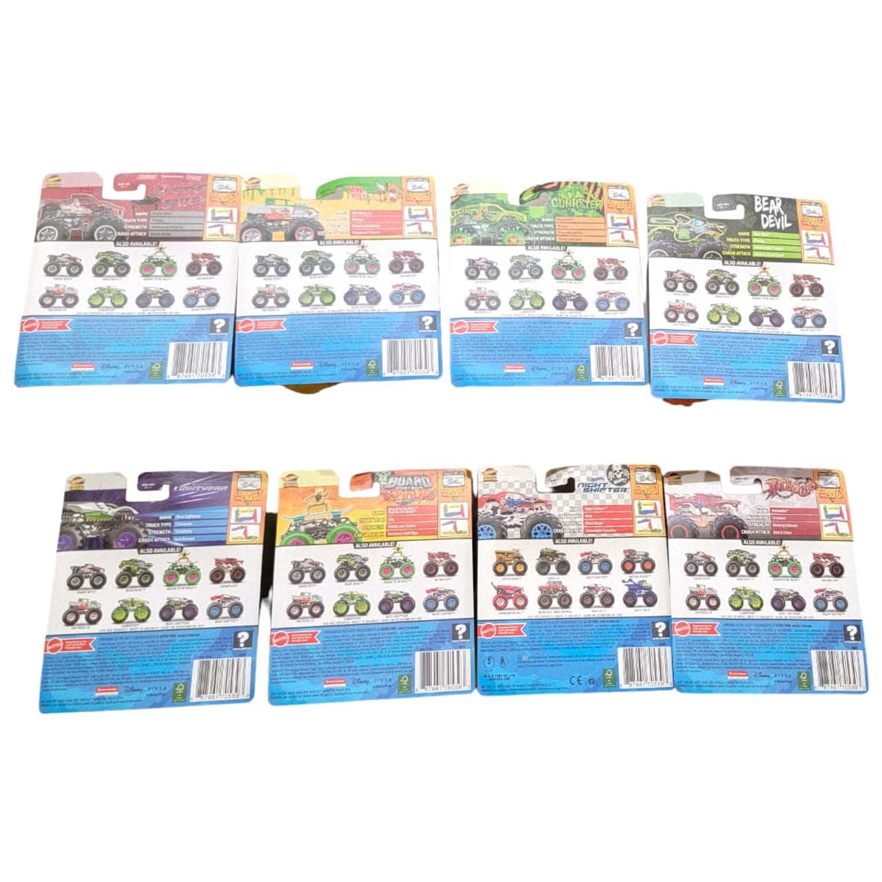 Hot Wheels Monster Trucks Connect and Crash Car Complete Set of 8 Diecast Vehicles with Hotweiler, Buzz, Board Wild, Gunkster, Beardevil and More from FYJ44-995G