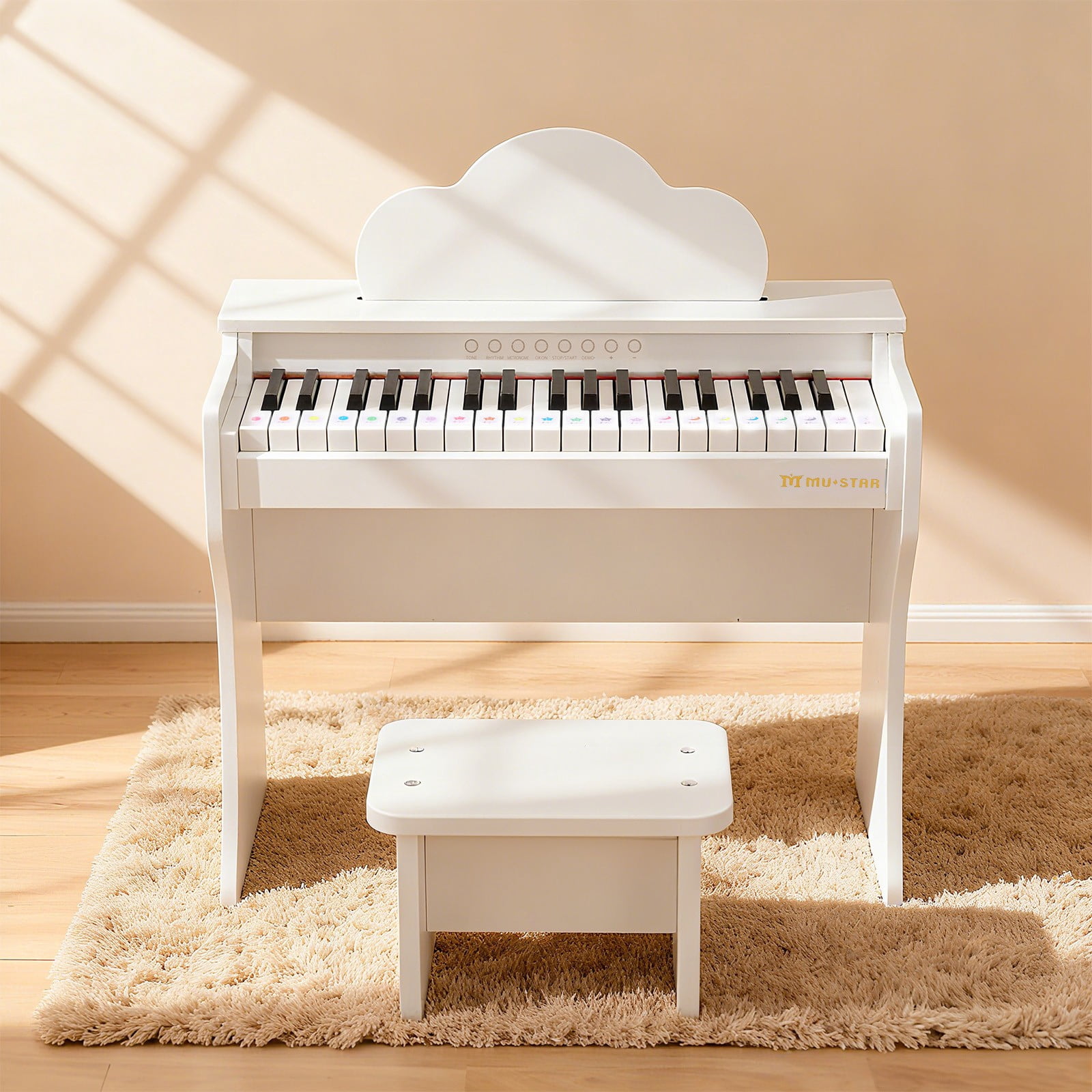 White 37Keys Kids Digital Piano Keyboards Wooden Toys for Toddlers Music Education w/Bench,Stickers