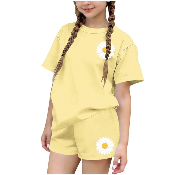 WRKEKC Girls Summer Outfits Printed Round Neck Short Sleeve Top and Elastic Waist Shorts Set for 3-15 Years