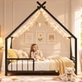 thumbnail image 3 of SESSLIFE Montessori Floor Bed, Twin Size Bed Frame with Roof and Guardrail, House-Shaped Design, No Box Spring Needed, Low Profile Bed Frame, Black, 3 of 8