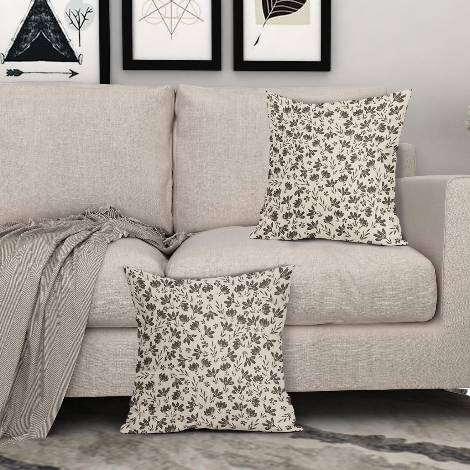 GOLIANDA Brown Floral Linen Pillow Covers – Set Of 2, 16x16 Inch, Vintage Boho Hydrangea Design For Couch Or Sofa