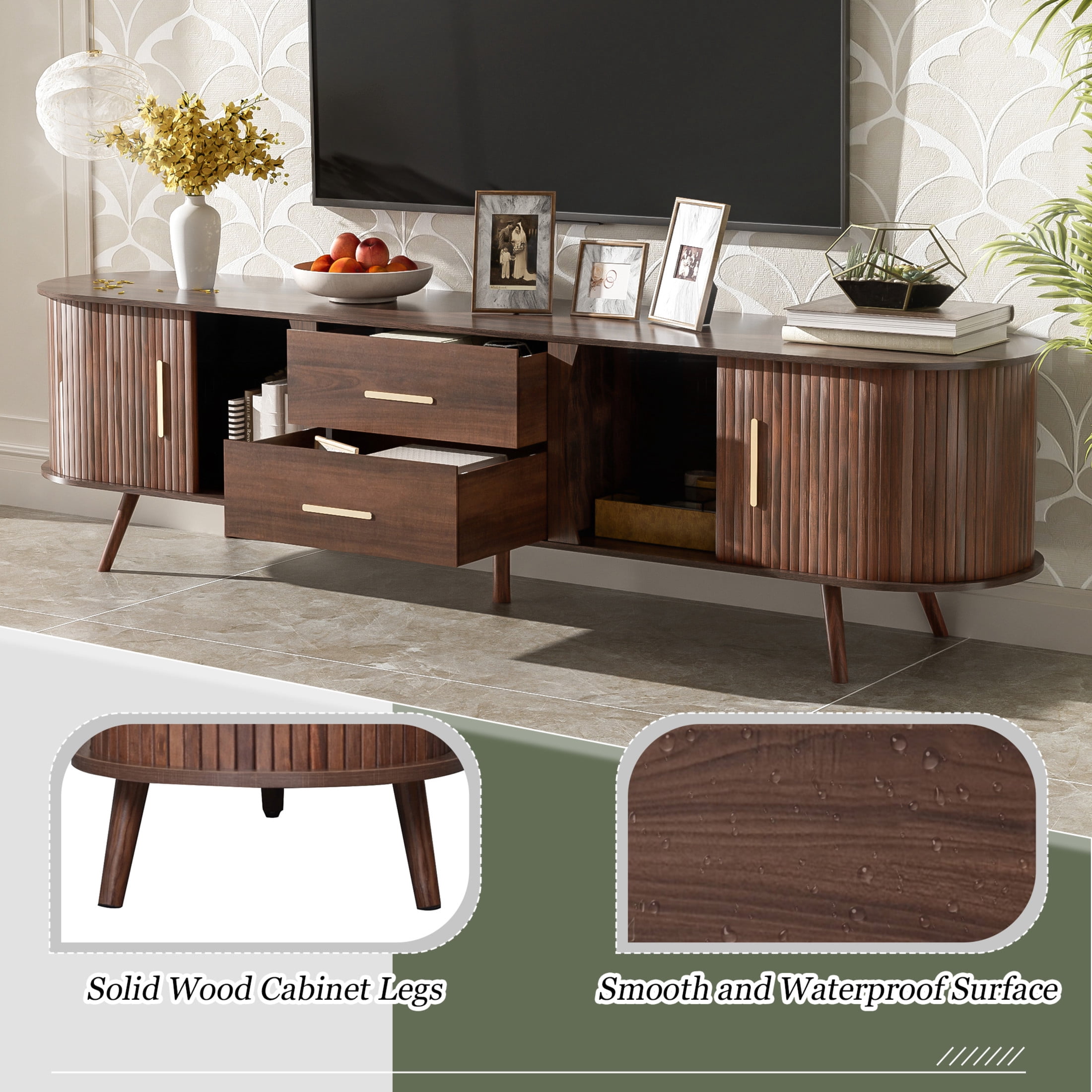 Noble House TV Stand for TVs up to 80", Media Console with Sliding Doors and Drawers, Dark Brown