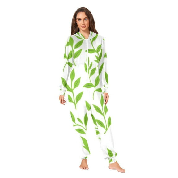 Repeating Leaf Motif Adult onesie Pajamas, Crystal Velvet Ultra Soft Warm Jumpsuit for Men and Women