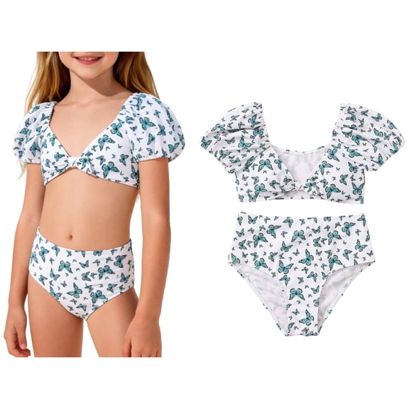 Girls 2 Piece Swimsuit Short Sleeve Crop Top Swimsuit with Chest Pad Bathing Suit for Tweens 11-12 Years