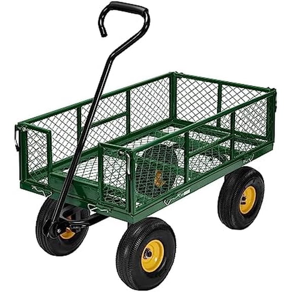 Heavy Duty 880 Lbs Capacity Mesh Steel Garden Cart Folding Utility Wagon with Removable Sides and 4.10/3.50-4" Wheels 10 Inch Tire(Green)