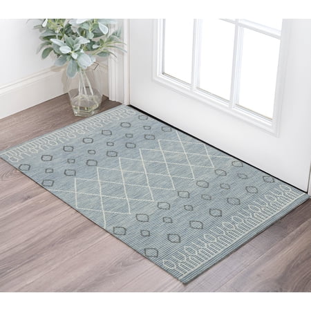 2' X 3' Blue Gray And Ivory Wool Geometric Hand Hooked Area Rug