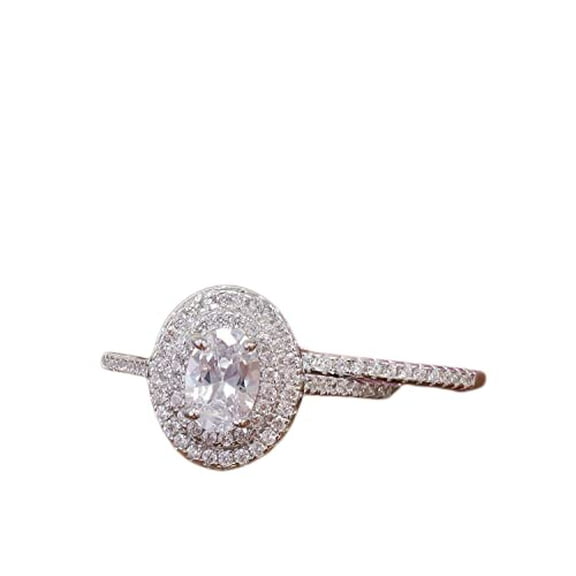 HeartsAndYou Double Halo Bridal Set Engagement Ring for Women 2ct Oval Cut Moissanite 18k White Gold Over Silver