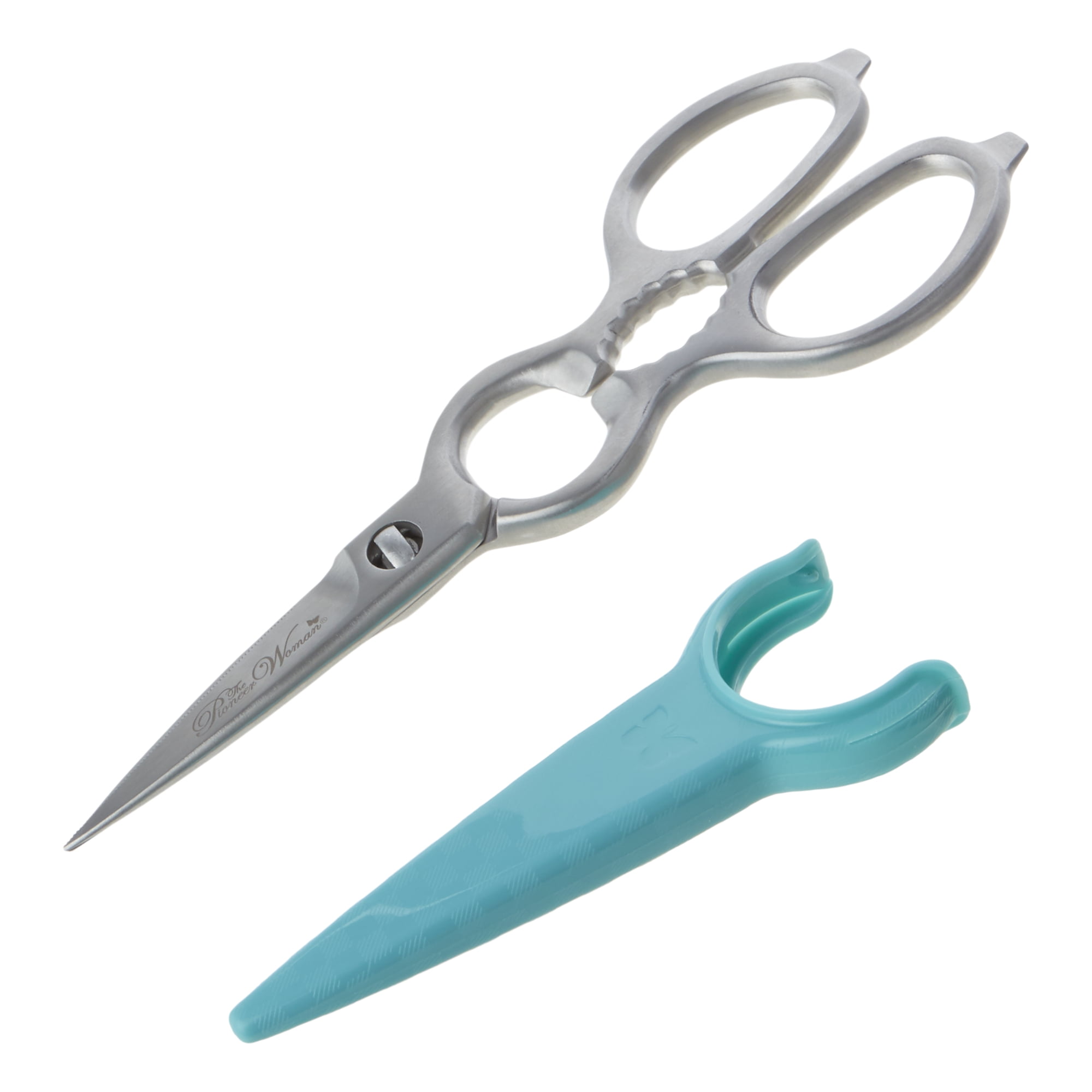 The Pioneer Woman Stainless Steel Kitchen Scissors with Blade Cover, Silver/Teal