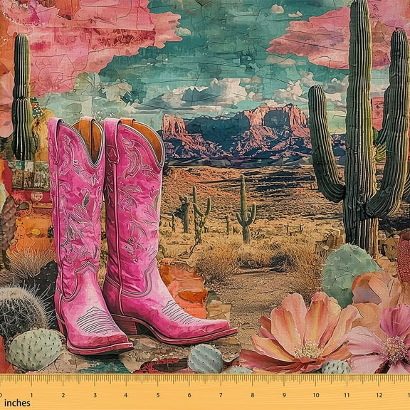 Feelyou Pink Cowgirl Boots Fabric by the Yard 1 Yard for Kids, Rustic Farmhouse Sewing Fabric, Western Theme Home Decor Fabric by the Yard, Breathable Home Decor