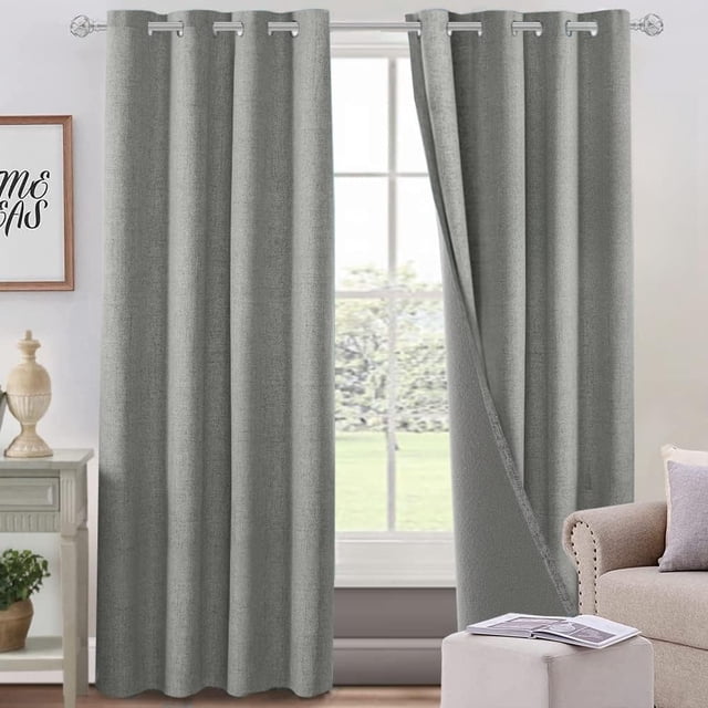 Lino Cortinas Blackout con Aislamiento Térmico, 100% Blackout y Ojal Superior Cortina para Recámara y Ventana de Sala, Capa Trasera de Revestimiento Gris, 2 Paneles, 140 x 305 cm, Gris