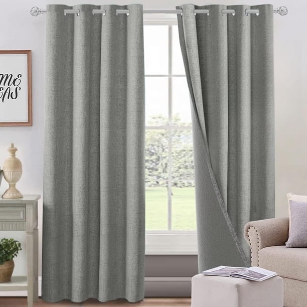 Lino Cortinas Blackout con Aislamiento Térmico, 100% Blackout y Ojal Superior Cortina para Recámara y Ventana de Sala, Capa Trasera de Revestimiento Gris, 2 Paneles, 140 x 305 cm, Gris