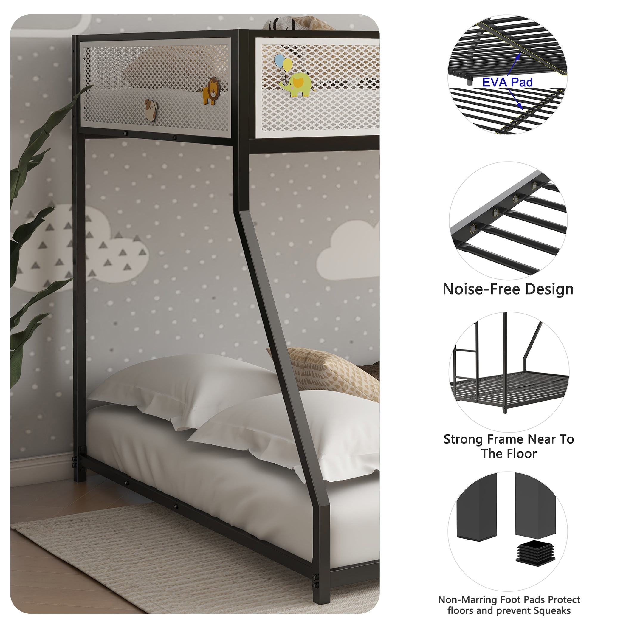 Miniyam Twin over Full Bunk Bed with Mesh Guardrail for Kids and Teens, Black