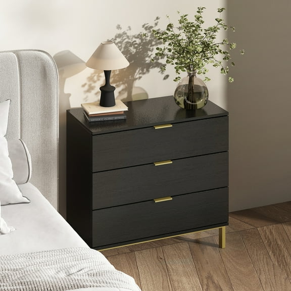 Oxylife 3 Drawer Dresser Nightstand with Metal Legs,Bedroom,Black