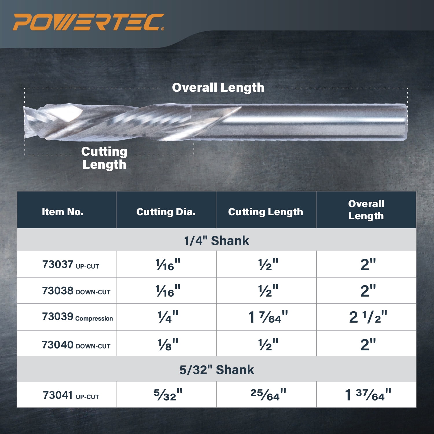 POWERTEC Up/Down Cut Compression 1/4" Spiral Router Bit, 1/4" Shank Carbide Router Bit w/1-7/64" Cutting Length & 2-1/2"Long.Fits CNC Router, Handheld Router, Router Table, Plunge Router,2PK(73039-P2)