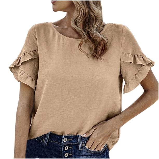 Top de cuello redondo de manga corta con encaje de color liso para primavera y verano para mujer OAVQHLG3B Store lin121212