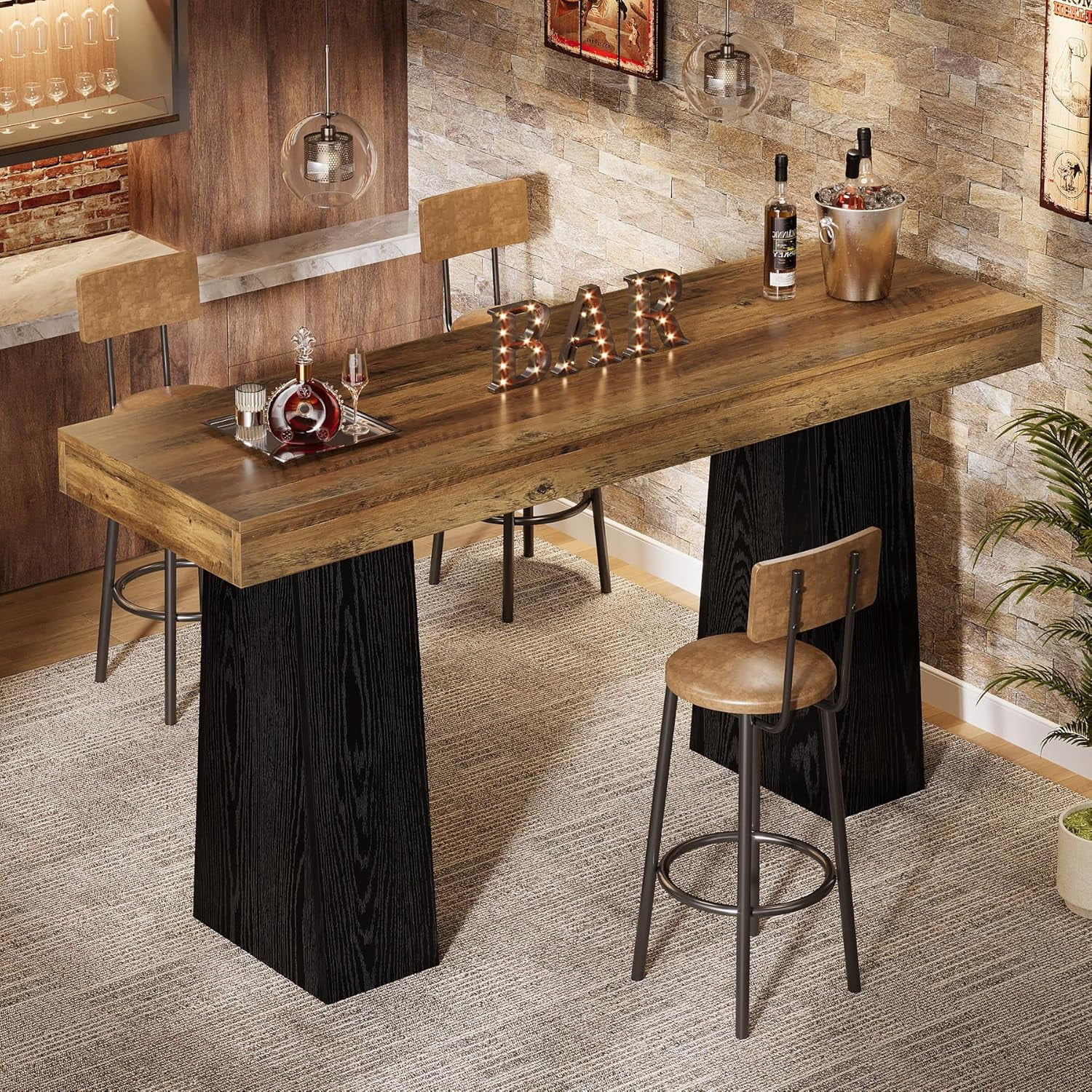 Tribesigns 63-Inch Bar Table, Wood Rustic Counter Height Pub Table for Kitchen, Dining Room, Living Room, Brown & Black
