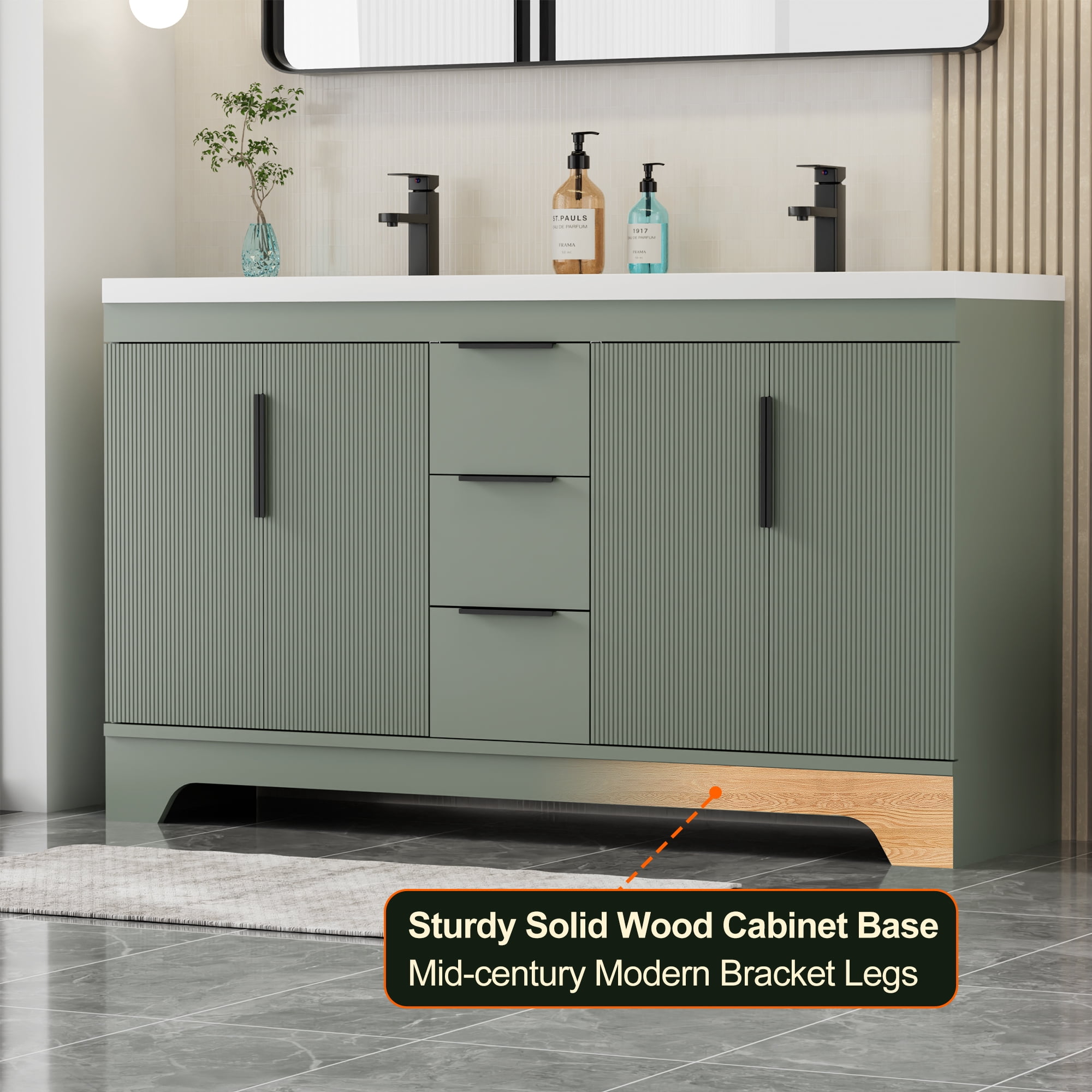 Eclife 60-inch Double Sink Bathroom Vanity with Integrated Tops, Soft-Close Hinges, Fluted Door Design, Mid-Century Modern
