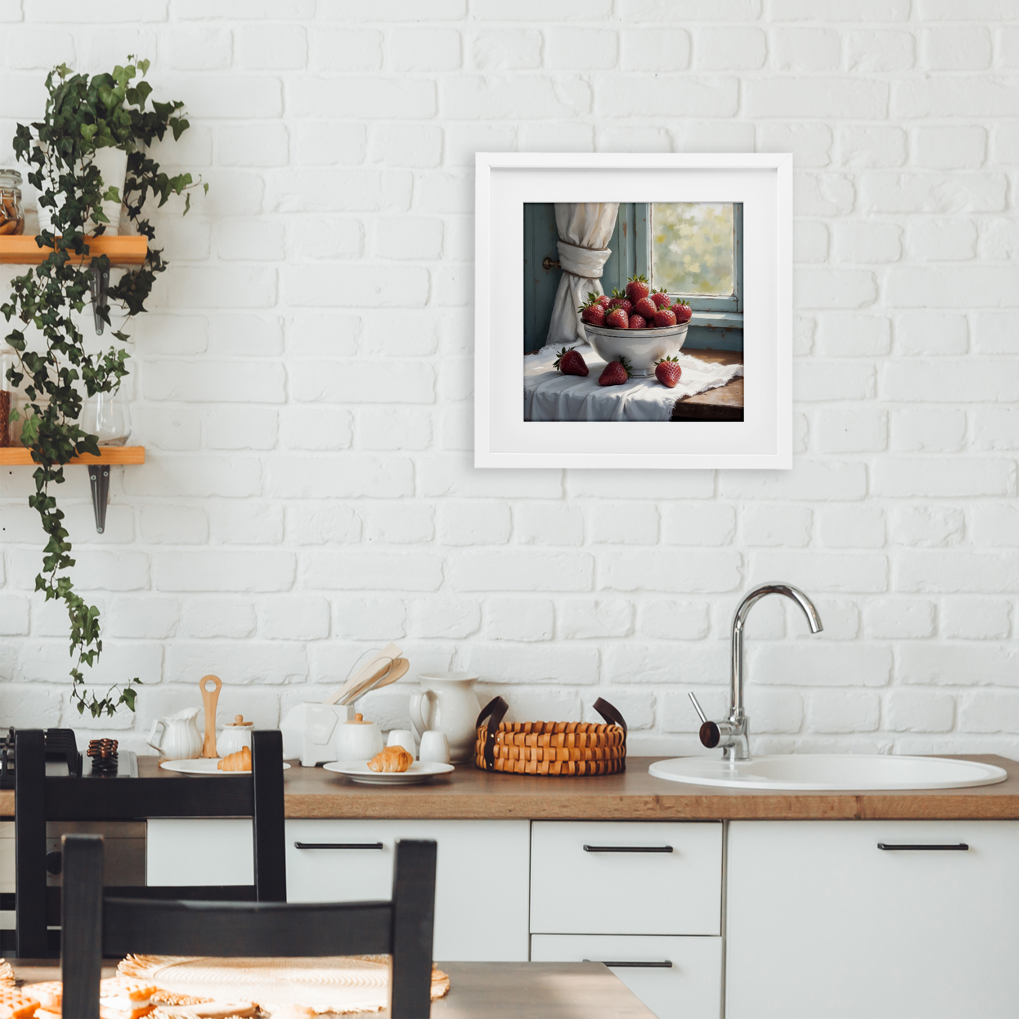 Strawberry Harvest in Window White Framed Print Under Glass, design by Lettered and Lined