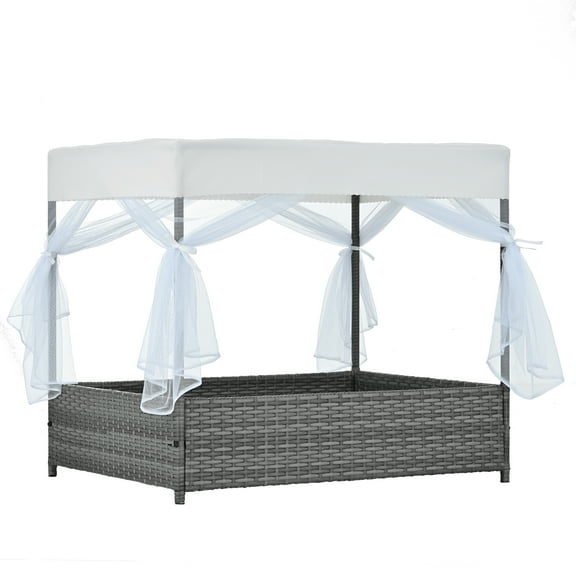 ZephyPaws 36" Dog Bed with Curtain, PE Wicker Pet Patio Furniture, Outdoor Elevated Pet Bed with Canopy & Cushion, Durable PVC Frame for Garden, Patio or Backyard