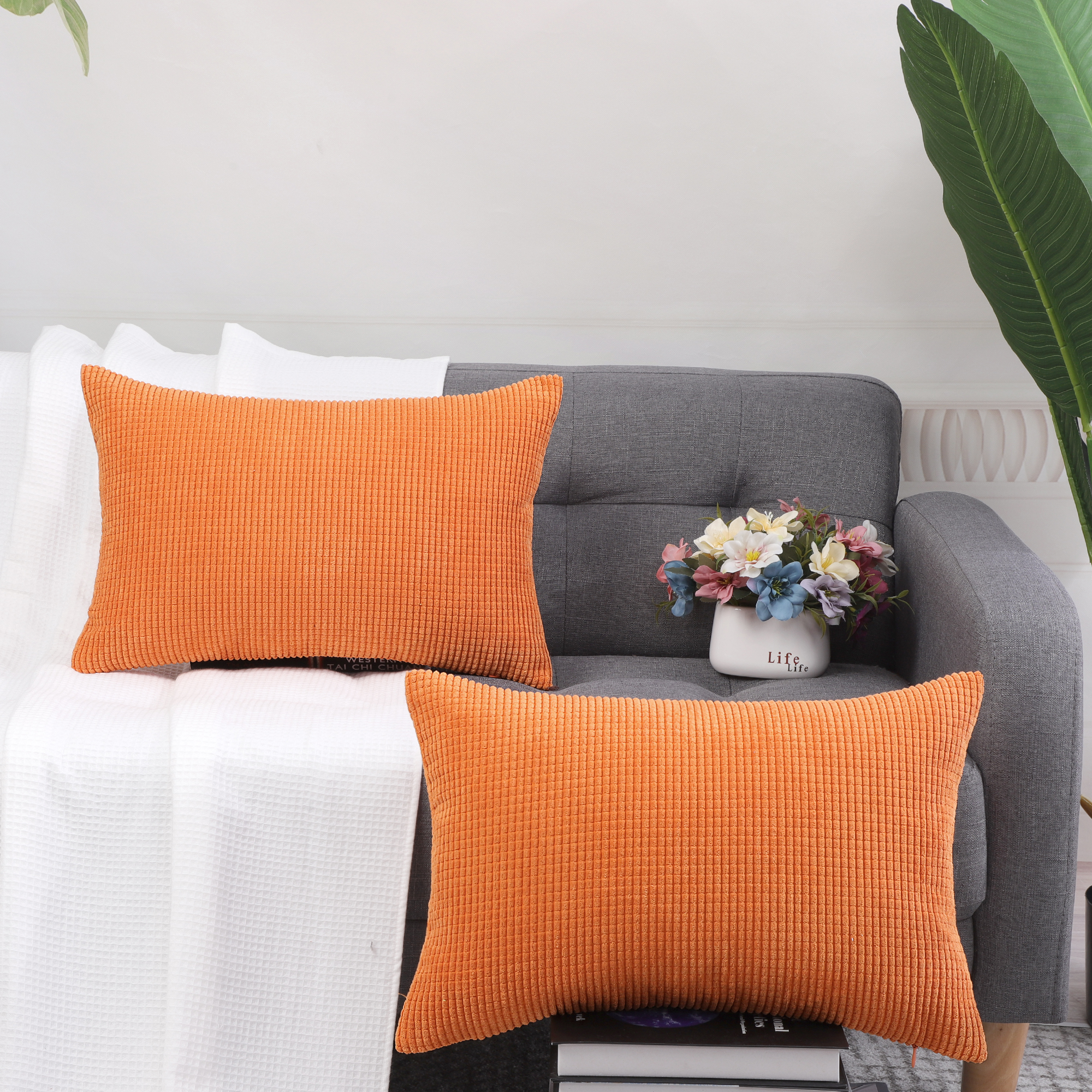 Unique Bargains 2-Pack Corduroy Decorative Throw Pillow Covers Orange 12" x 18"