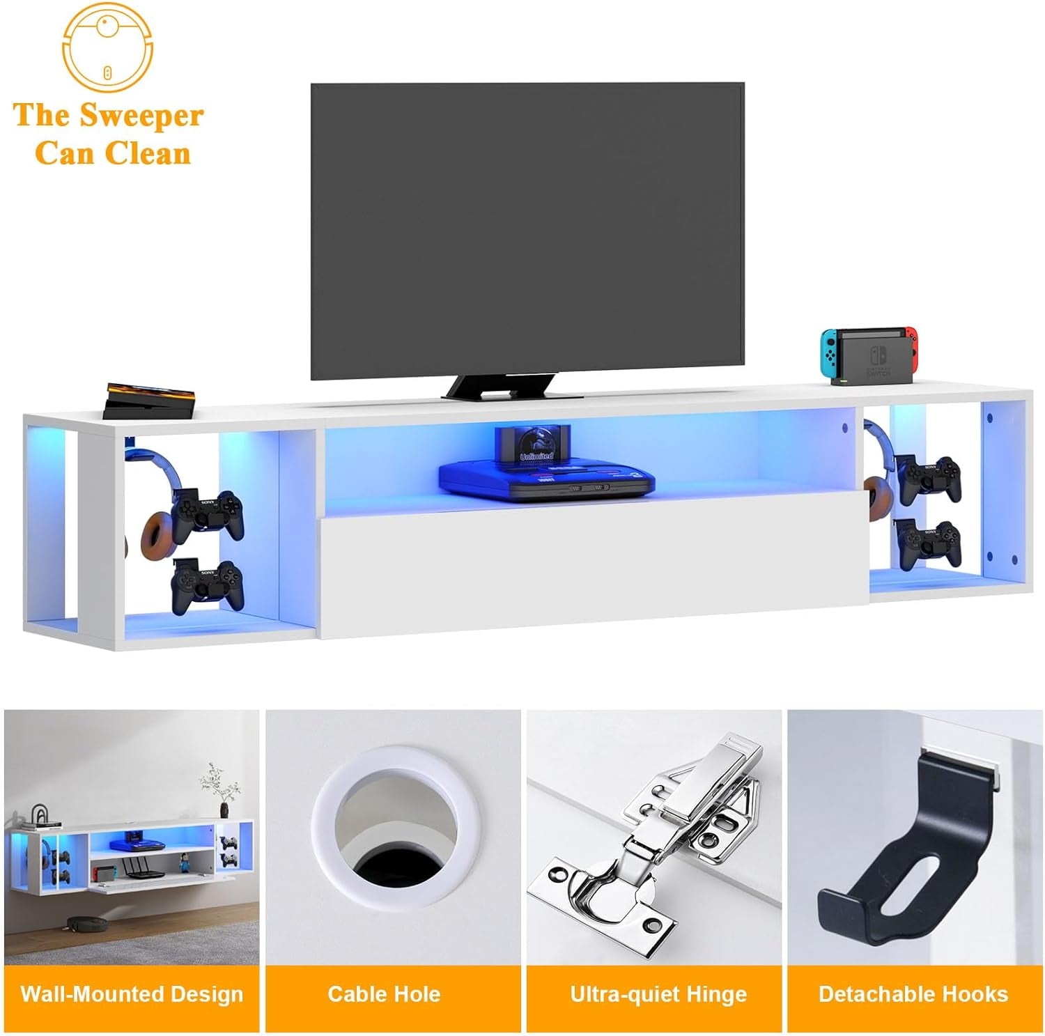 Soges Wall Mounted TV Cabinet with 3 Drawers and LED Lights, Floating TV Stand with LED for Living Room Bedroom, White, 55 inch