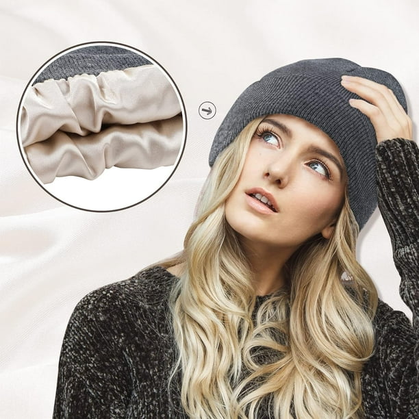 Women Satin Lined Knit Beanie Hat Winter Hats for Women Men Silk Lining  Soft Slouchy Warm Cuffed Beanie Hat (Pink) - Walmart Business Supplies