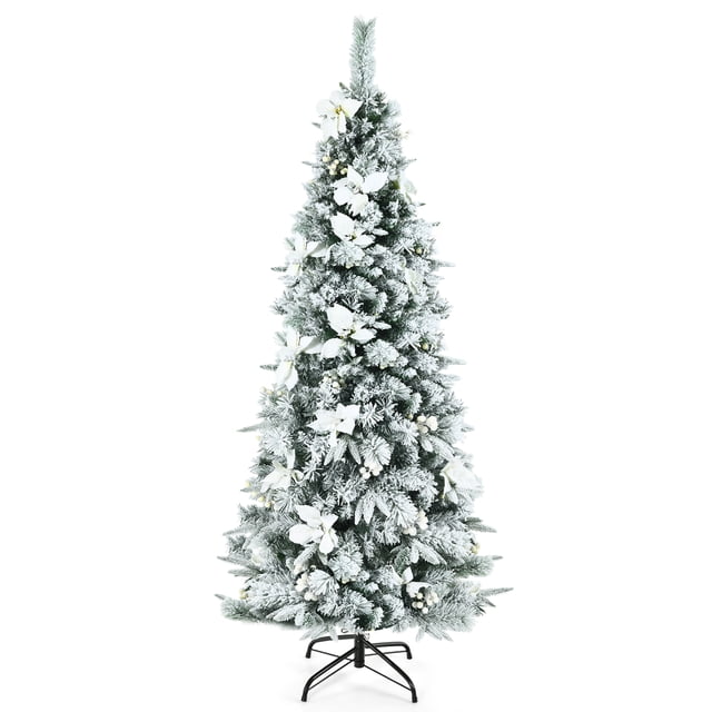 Árbol de Navidad Artificial Costway 180 cm nevado con 471 Bayas blancas y estrellas de Navidad Base de metal plegable