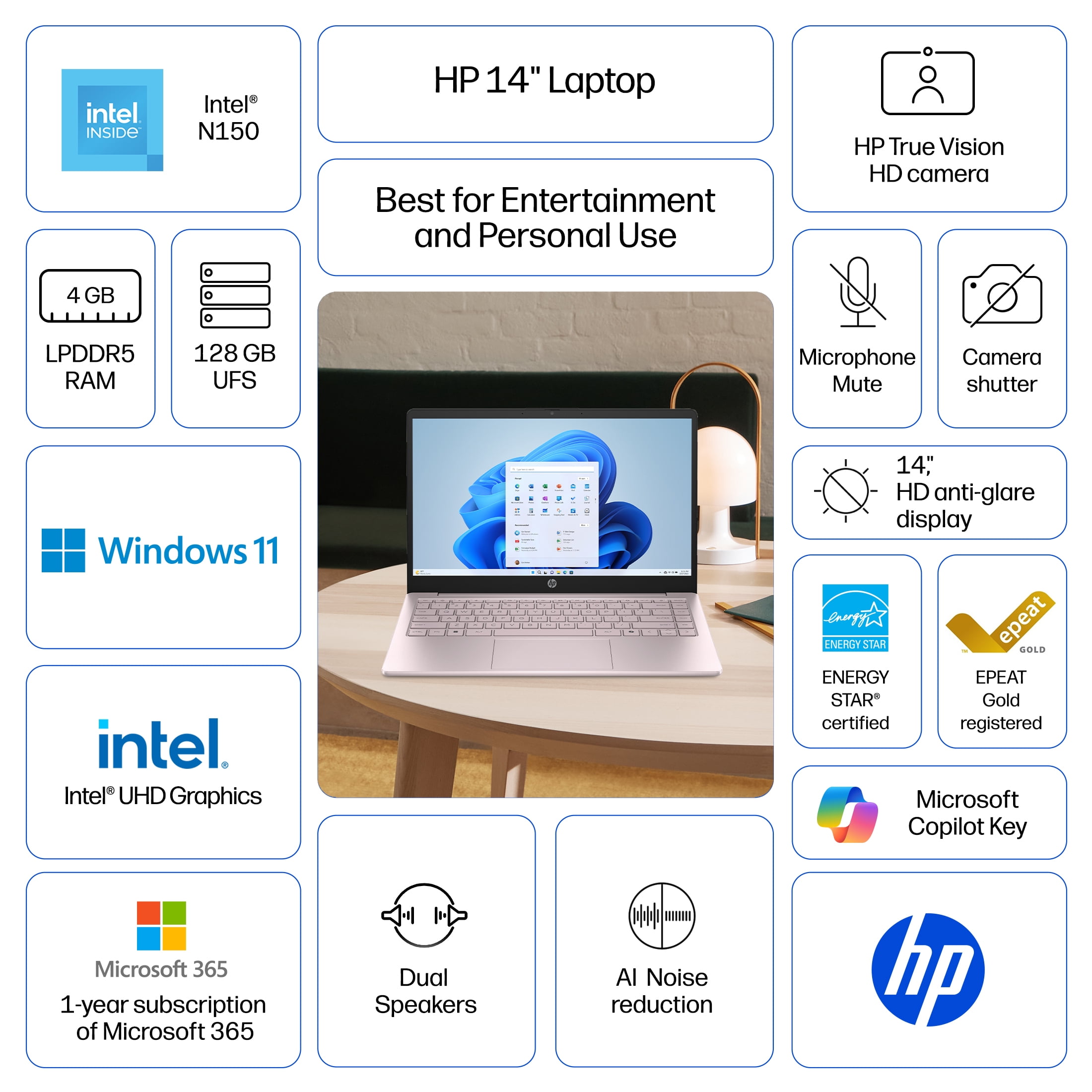 HP 14 inch HD Windows Laptop Intel Processor N150 4GB 128GB UFS Tranquil Pink