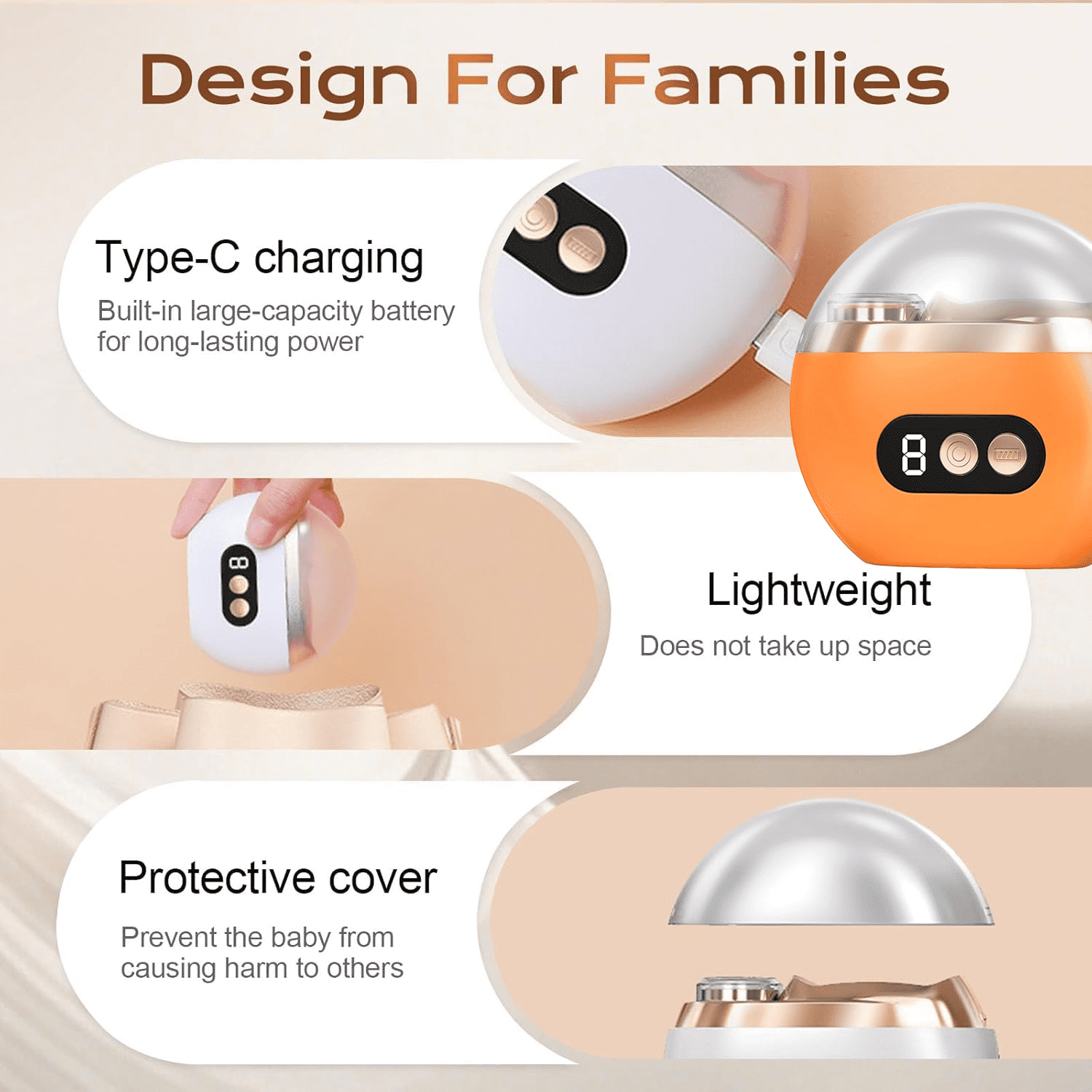 Multi-Functional Electric Nail Trimmer, 2026 Upgraded 2 in 1 Electric Polishing Automatic Nail Clippers, Electric Nail Clipper with 3 Speed Levels, Automatic Nail Trimmer & Grinder (Orange)