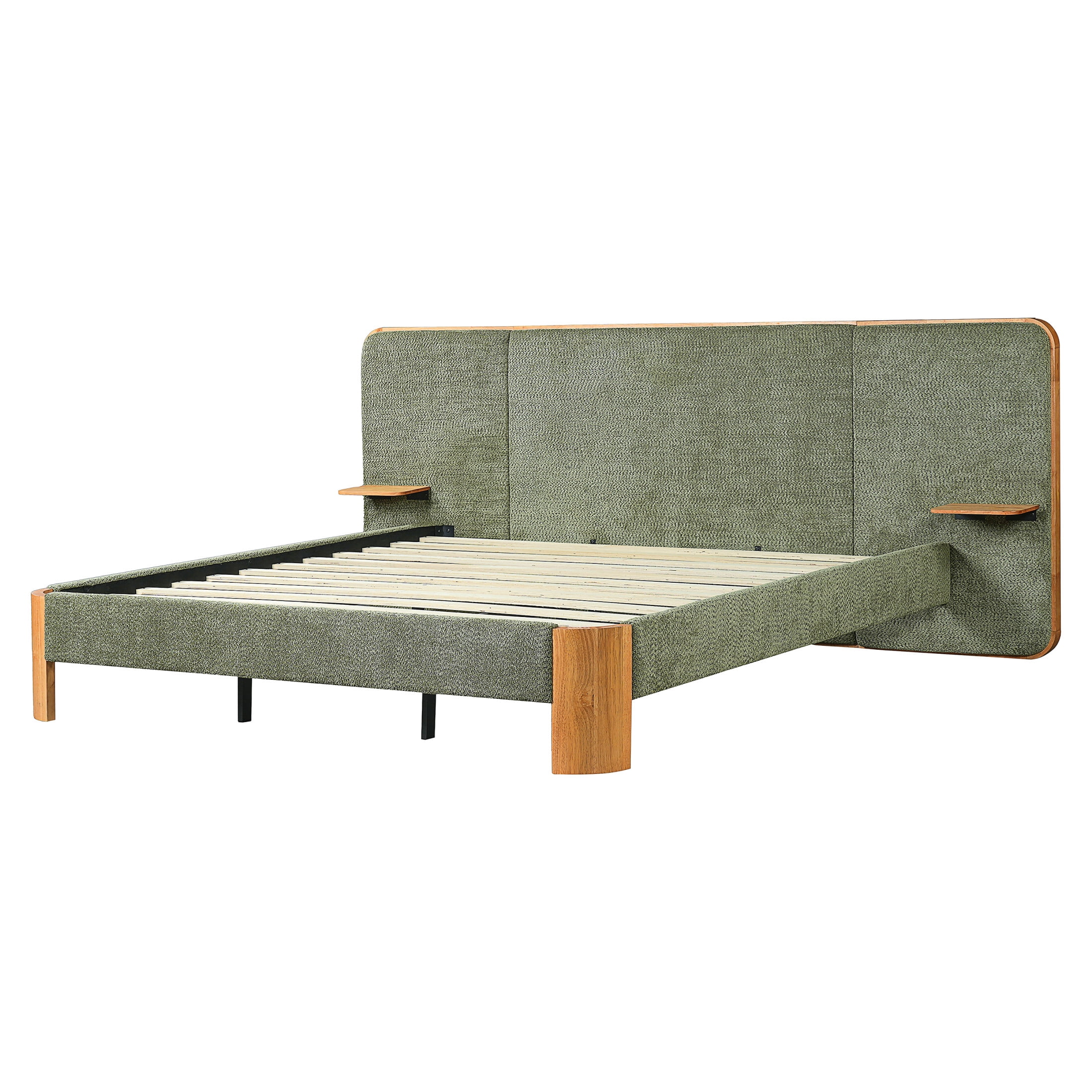 Christopher Knight Home King Upholstered Platform Bed Frame with Floating Shelves, Green and Natural