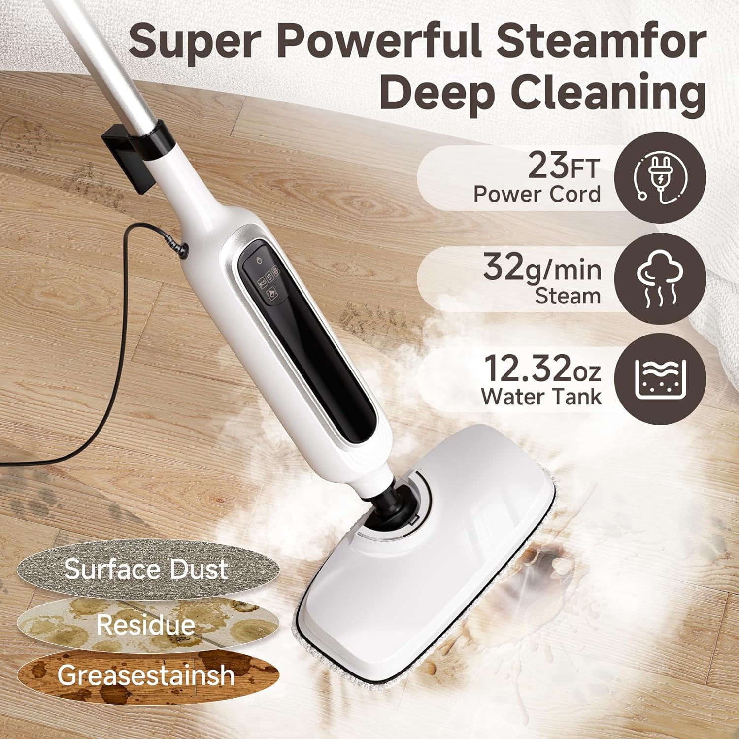 12-in-1 Steam Mop and Detachable Handheld Cleaner, 23-Foot Cord, 3 Steam Settings with LED Display, for Floors, Bathrooms, Windows, Upholstery, Fabrics, Tile Grout, and Carpets