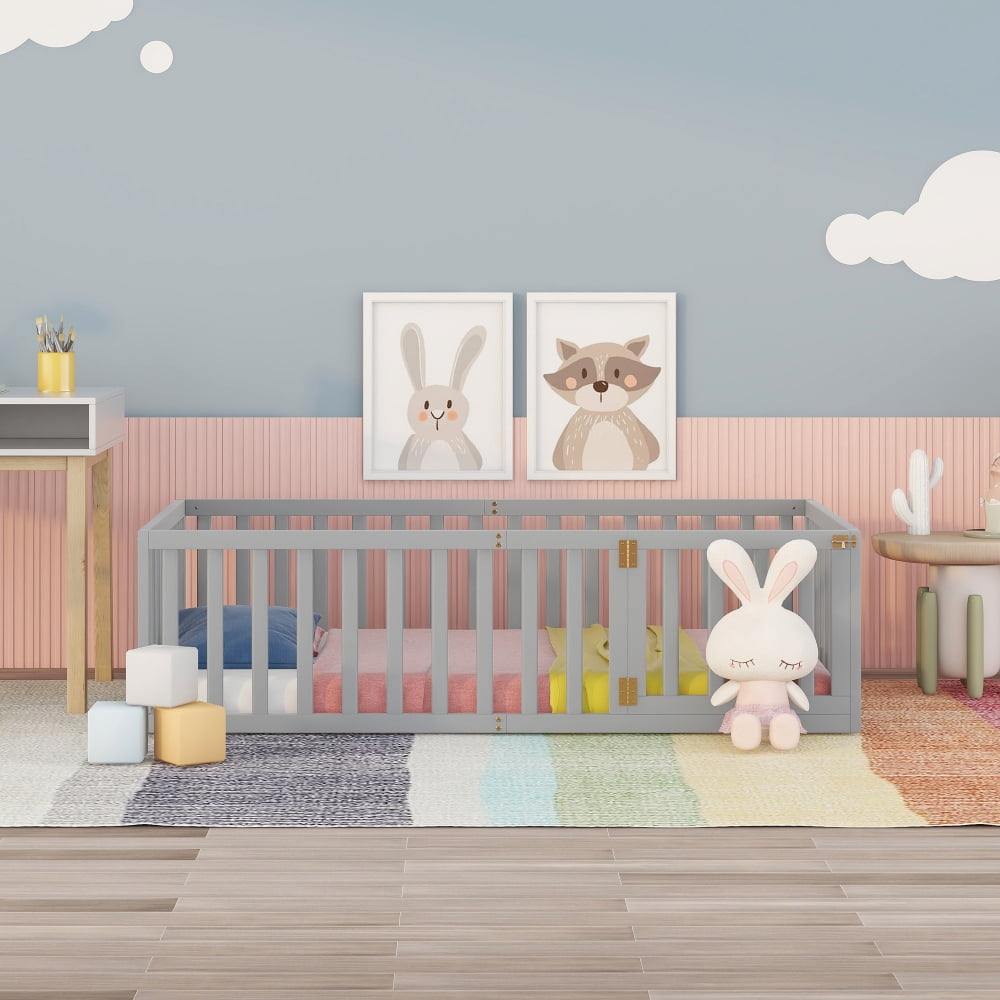 Twin Size Floor Bed Frame for Kids, Solid Wood Montessori Bed Frame with Fence Rail and Door, Montessori Floor Bed Wood Full Bed Frame for Boys and Girls, Gray