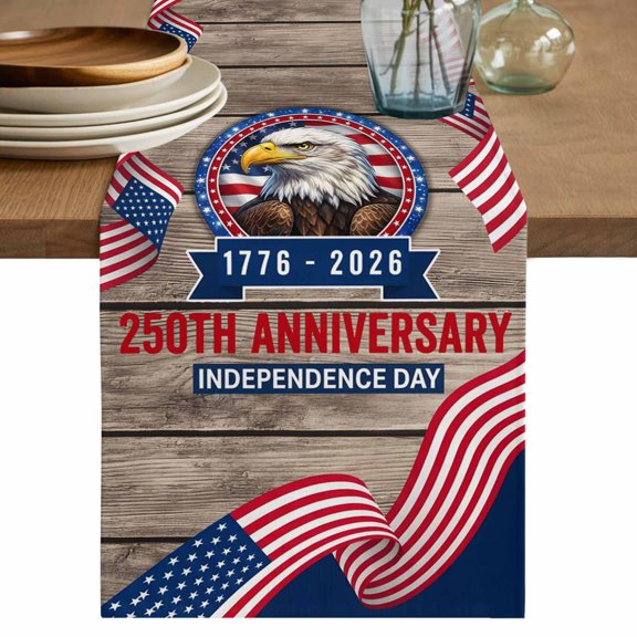 Anniversary USA Flag Table Runner 70 Inches, Eagle American Flag Brown Wood Bed Runner Dresser Scarves Tabletop for Indoor Outdoor Parties/Ceremony/Banquet, 13" x 70"