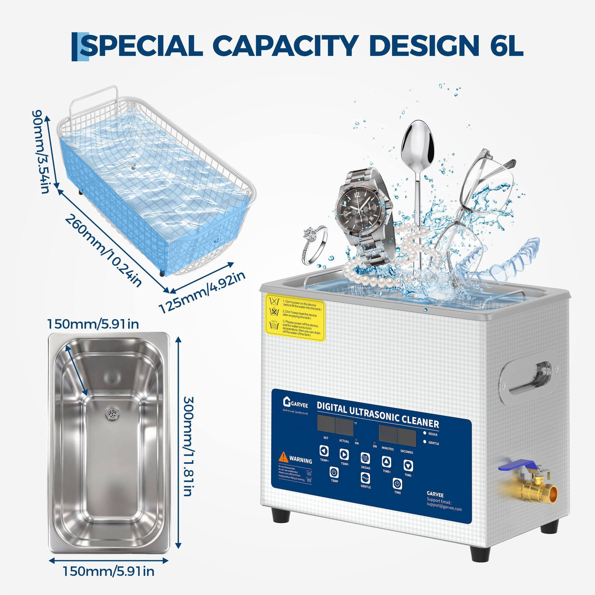 Professional Ultrasonic Cleaner 6L – 40kHz Digital Jewelry Cleaner Machine with Heater, Timer, Basket Industrial Ultrasonic Parts Cleaner for Glasses, Watches, Lab Tools
