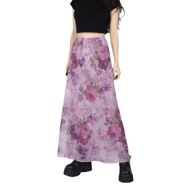 SAYOO Mujeres Adolescente Floral Retro Midi Falda de cintura alta A-Line Bodycon Faldas largas de tubo E-Girl Moda Streetwear Falda de playa SAYOO Floral