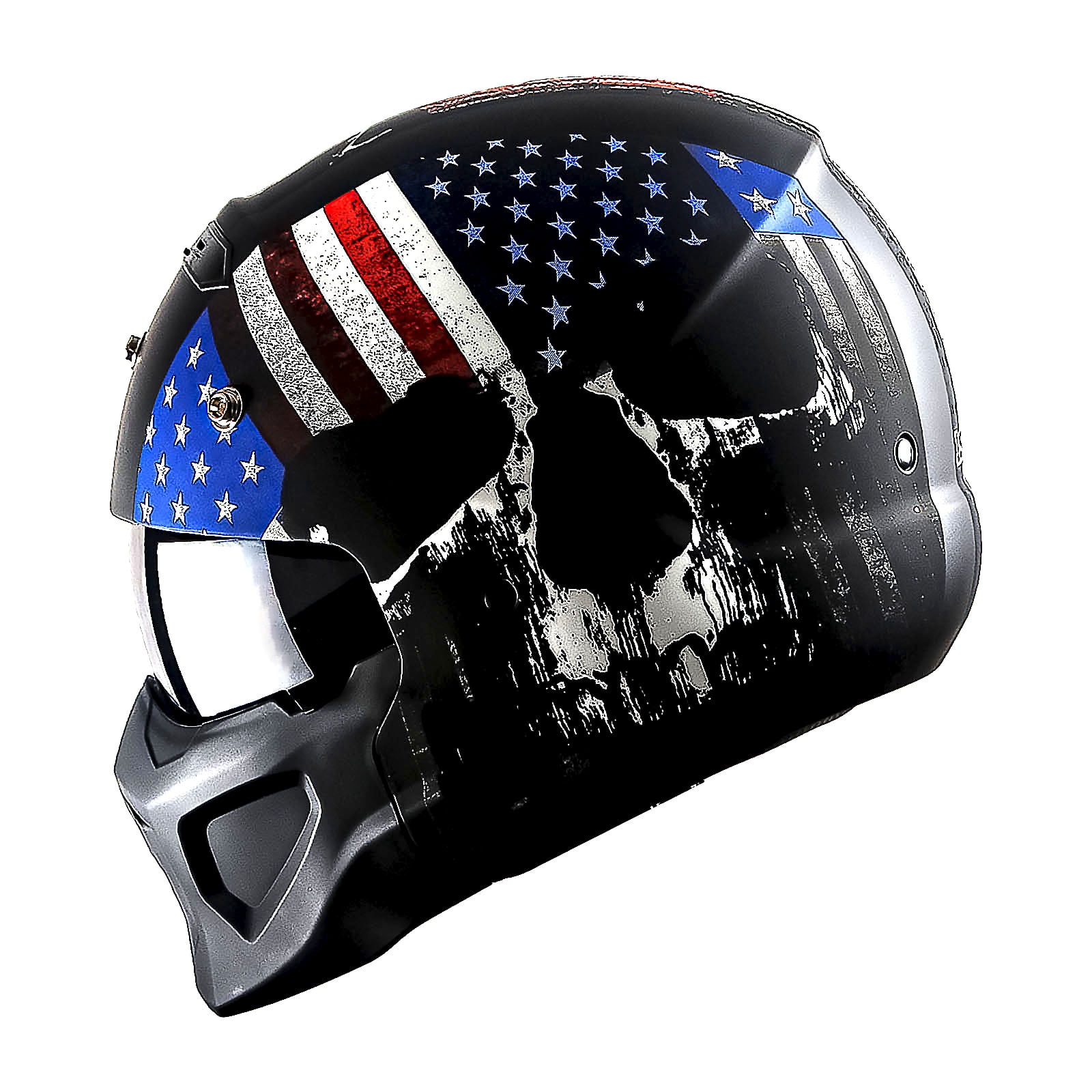 1Storm Motorcycle Full Face Helmet Open Face Helmet with Smoked Shield (Detachable Visor & Face Mask): HKY881S-E Skull Flag