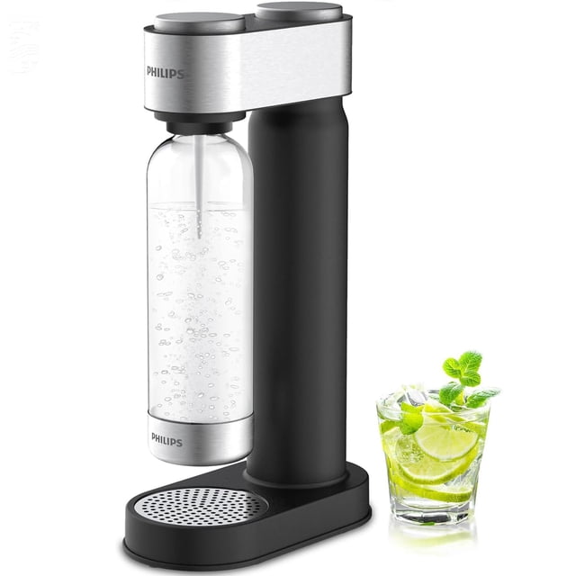 Philips Soda Streaming Machine, Stainless Sparkling Water Maker Easy Install with Quick Twist 1L PET Carbonating Bottle, Soda Maker Compatible with 6