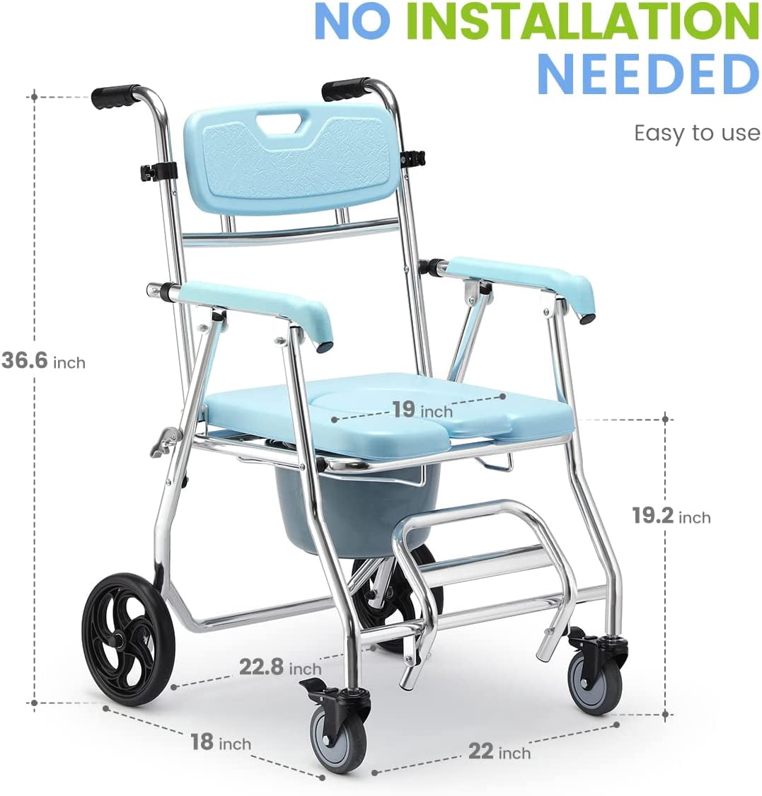 OasisSpace Folding Shower Commode Wheelchair - 300lbs Bedside Commode with Padded Seat, Waterproof Rolling Shower Chair with Arms and Backrest, Shower Chair with Wheels (FSA or HSA Eligible)