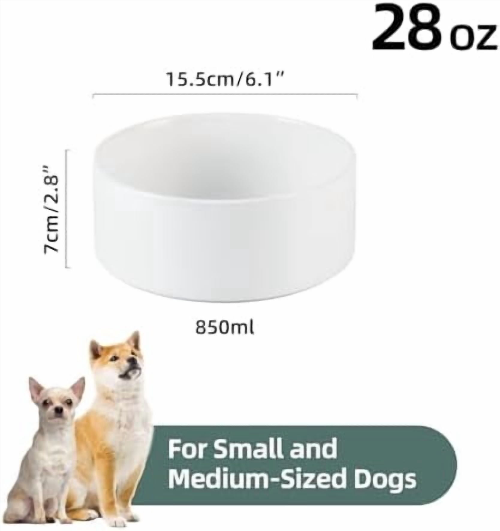 Ceramic 6.1inch Non-Slip Dog Food and Water Bowl for Small & Medium Breed Dogs,Pet Bowl for Replacement, Protects Cervical Spine (White)