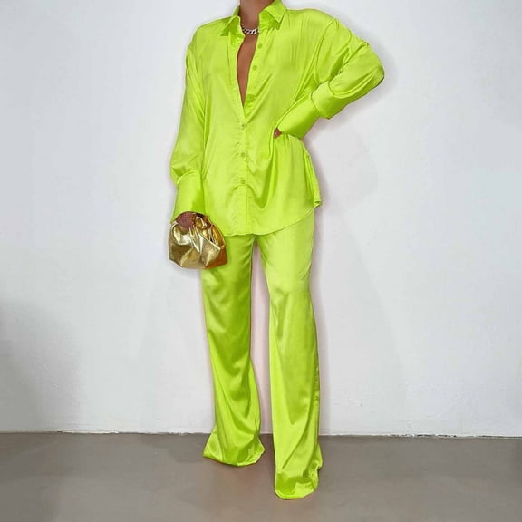 Womens Outfits Sets Autumn Winter Wide Leg Pants Satin Casual Long Sleeve Button Down Shirt Pants Fashion Pajamas Sweatsuit Set Streetwear