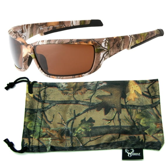 Hornz Brown Forest Camouflage Polarized Sunglasses for Men Full Frame Strong Arms & Free Matching Microfiber Pouch - Brown Camo Frame - Amber Lens