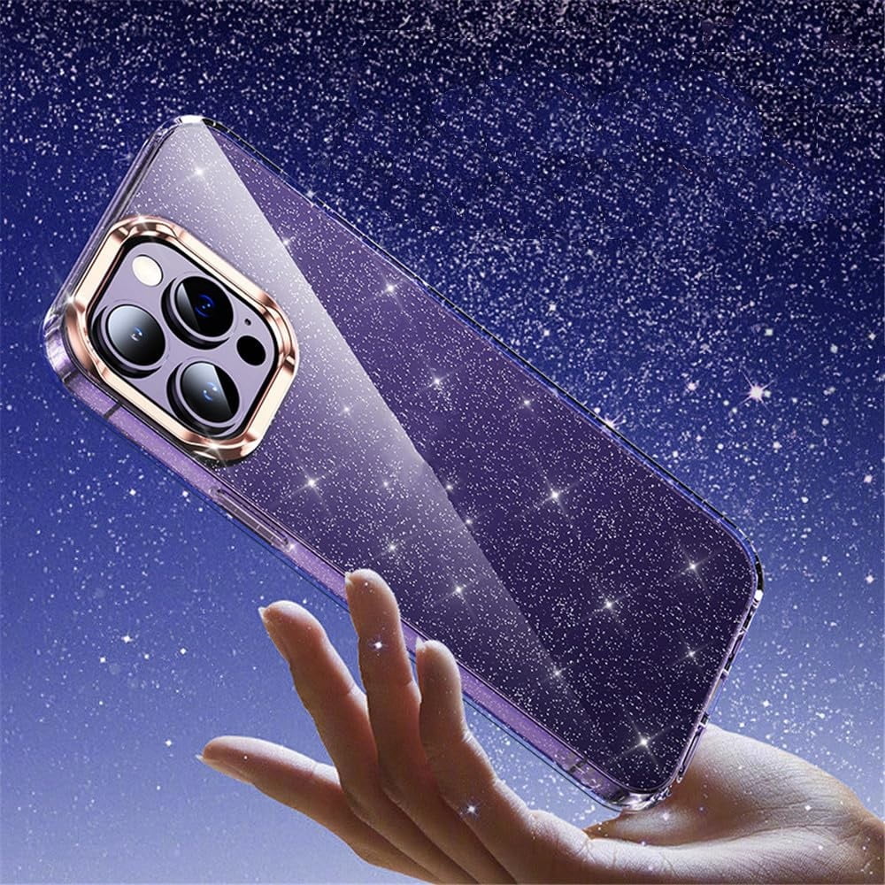 Case for iPhone 15/15 Plus/15 Pro/15 Pro Max, Clear Sparkle Phone Case with Electroplated Lens Protective, Support Wireless Charging Cover