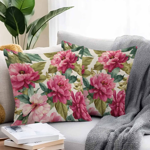 Throw Pillow Covers 24x24 Inch Set of 2, Pink Flowers Waterproof Outdoor Pillow Covers, Spring Watercolor Floral Leaves Plants Beige Decorative Cushion Pillowcases for Couch, Sofa, Bed, Garden, Patio