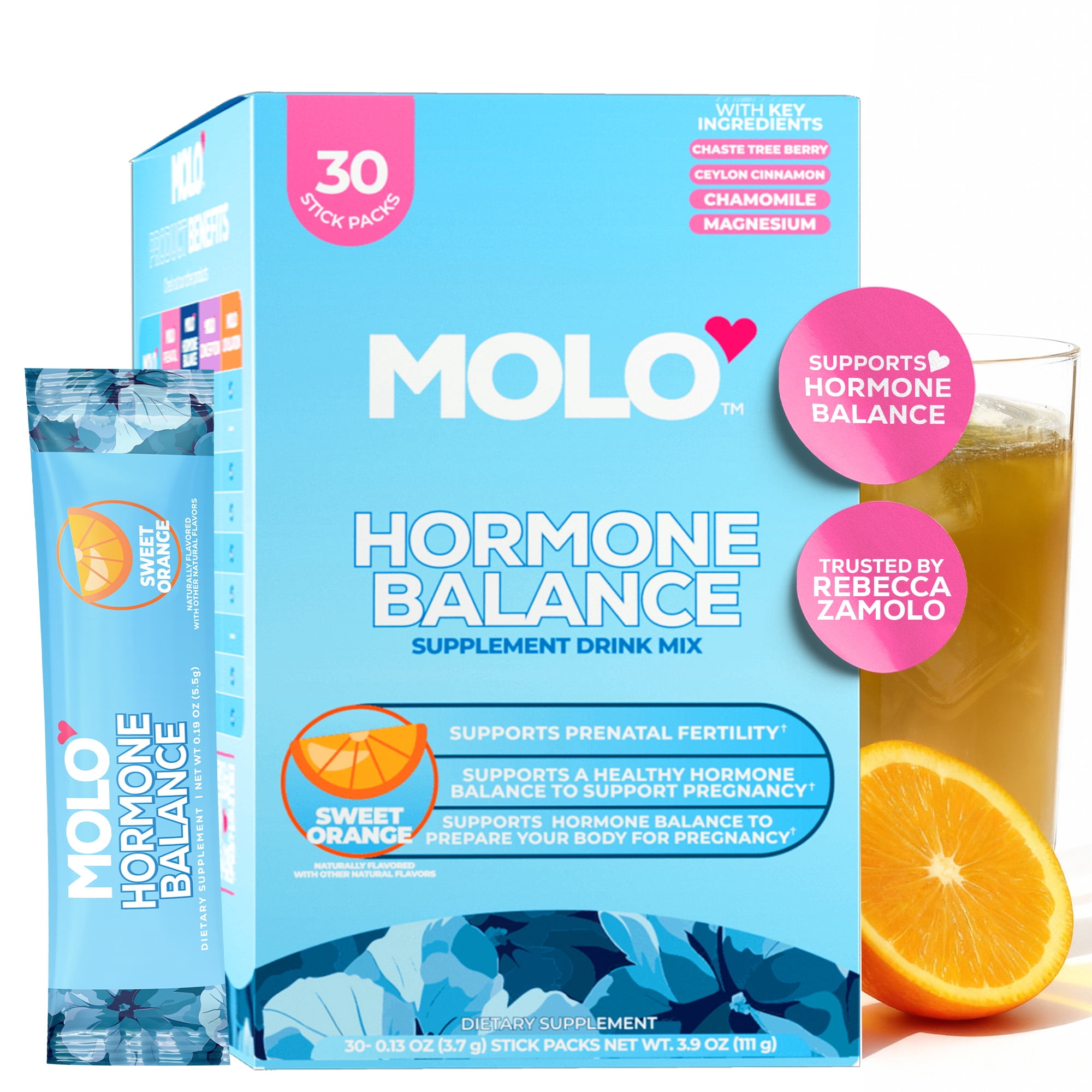 Molo Hormonal Balance Supplement Drink Mix, Mood Support and Cycle Regulation, Sweet Orange, 30 pack
