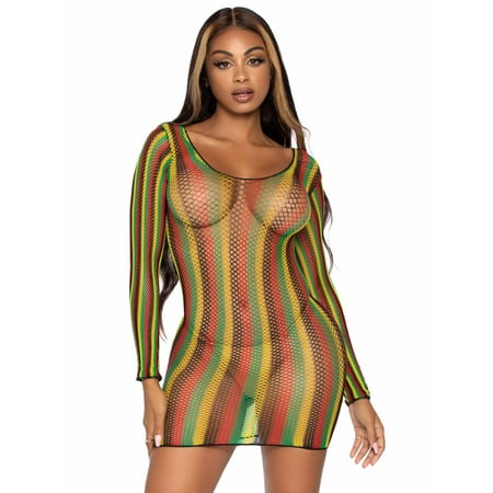 Leg Avenue Long Sleeve Rasta Net Mini Dress Fishnet Bodycon Lingerie Dress For Women